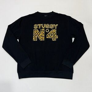 Stussy No 4 Black Crewneck Sweatshirt Mens Medium Leopard Print